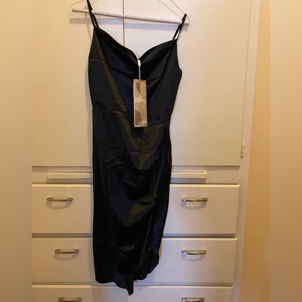 Micas - Brand New - Satin Draped Black Midi Dress - Sz M - Picture 2 of 10
